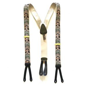 Vintage Trafalgar Hunting Beware of Dogs Print Suspenders Mens Black Tan Brass